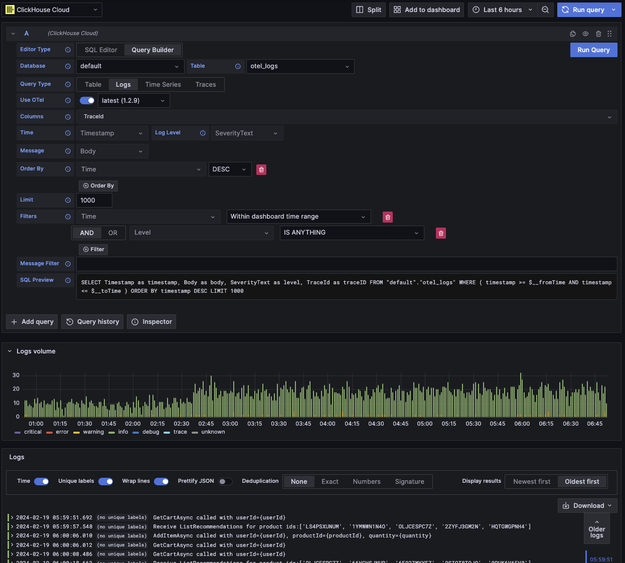 Пример запроса к логам OTel