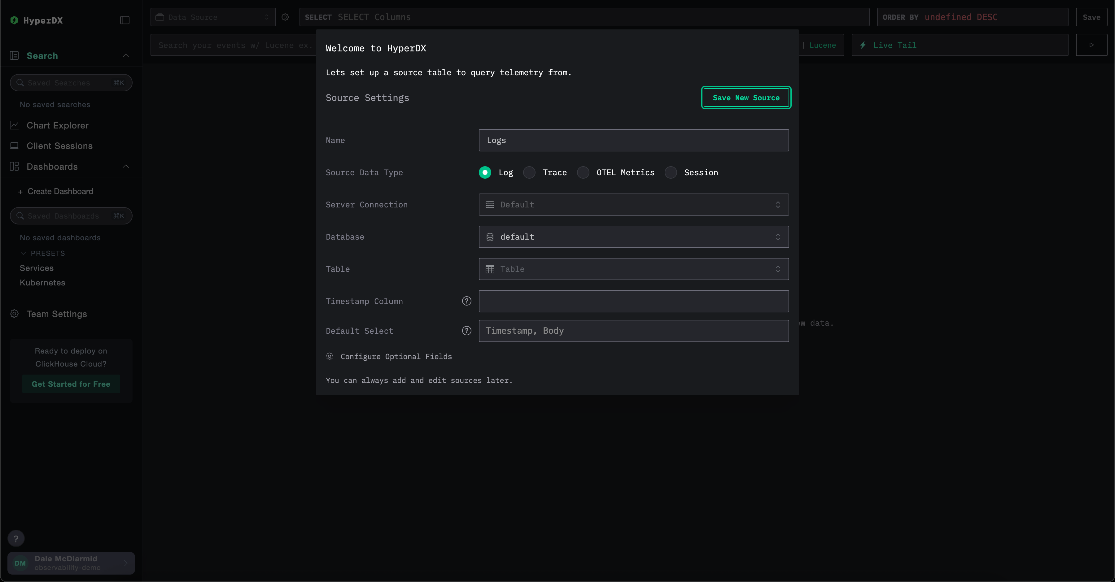 Начальная страница HyperDX в ClickHouse Cloud
