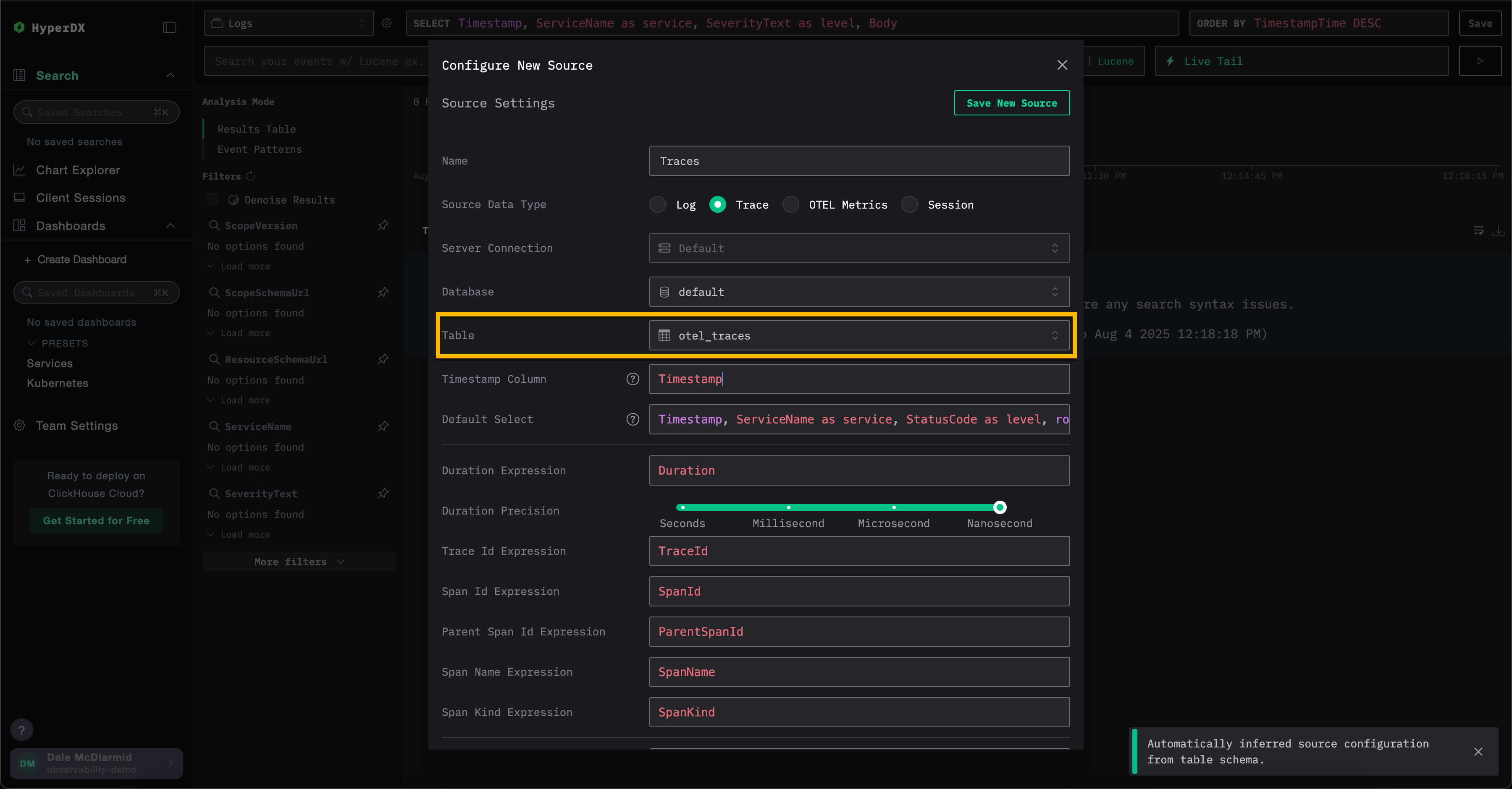Создайте источник трассировок в HyperDX